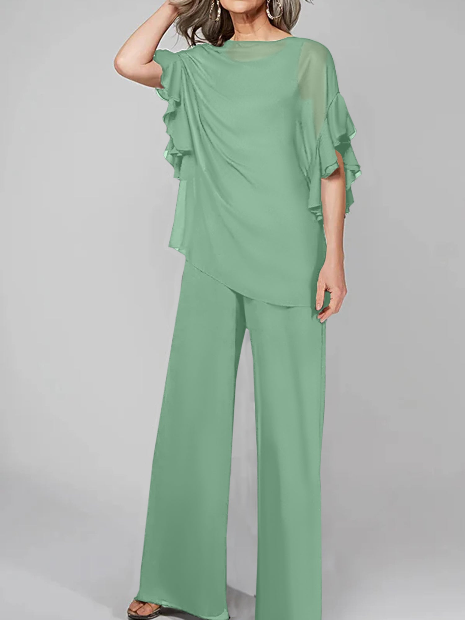 Tuta in chiffon con scollo rotondo e maniche a tre quarti, pantaloni per madre della sposa
