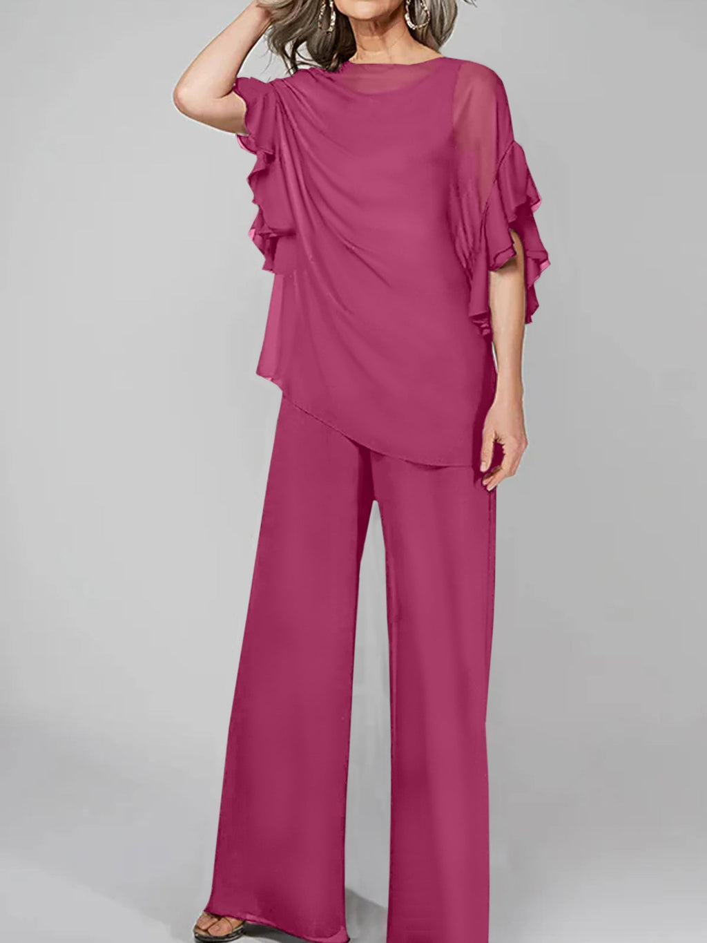 Tuta in chiffon con scollo rotondo e maniche a tre quarti, pantaloni per madre della sposa