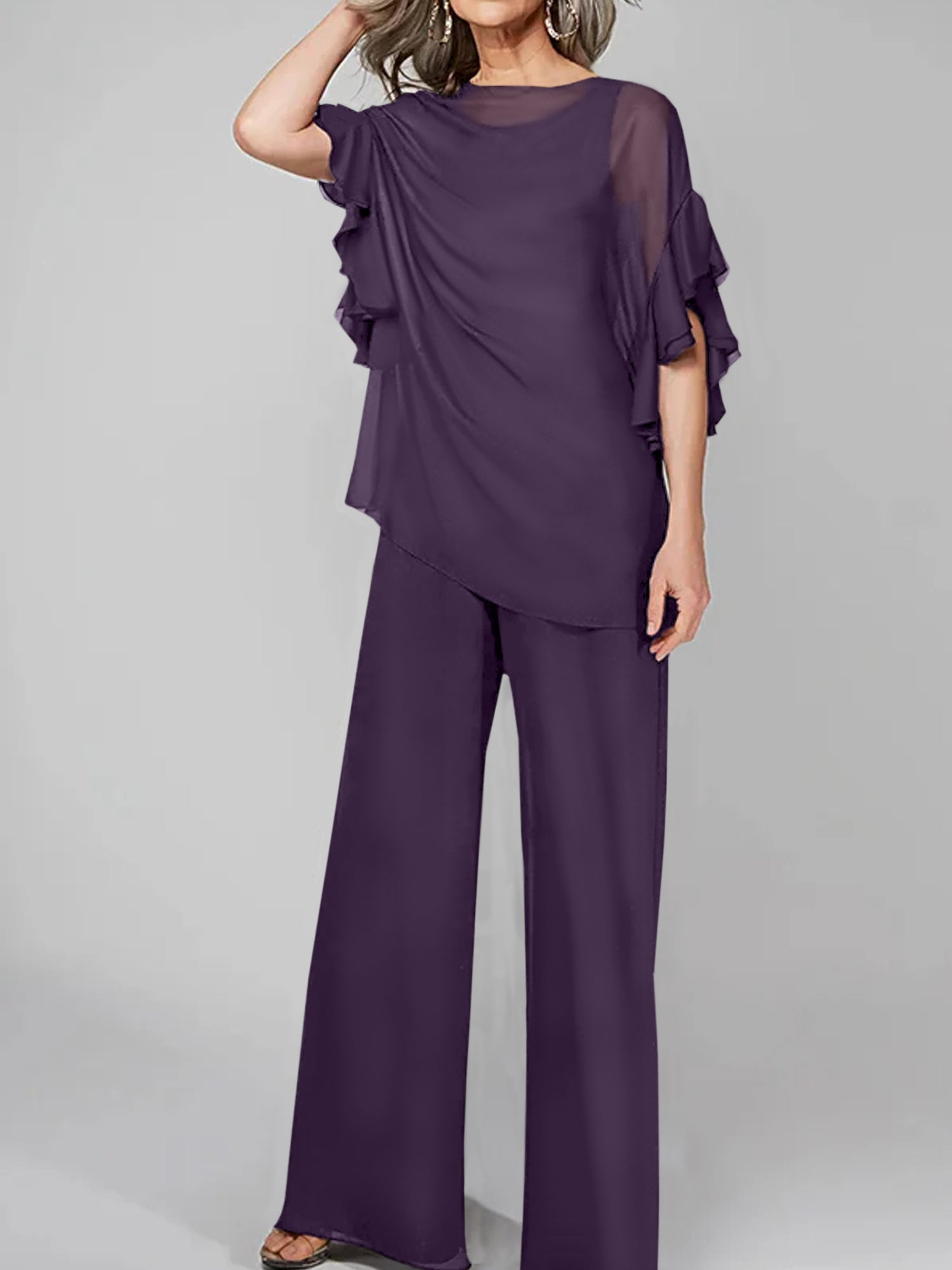 Tuta in chiffon con scollo rotondo e maniche a tre quarti, pantaloni per madre della sposa