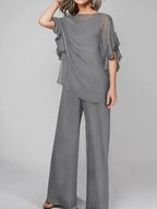 Tuta in chiffon con scollo rotondo e maniche a tre quarti, pantaloni per madre della sposa