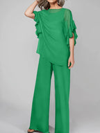 Tuta in chiffon con scollo rotondo e maniche a tre quarti, pantaloni per madre della sposa