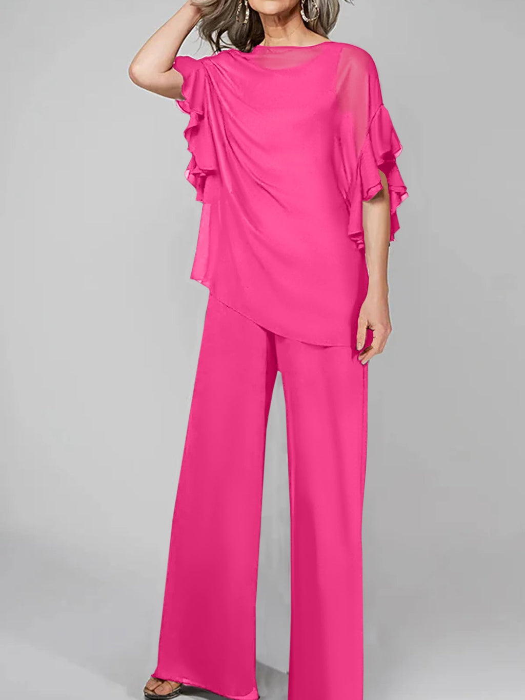 Tuta in chiffon con scollo rotondo e maniche a tre quarti, pantaloni per madre della sposa