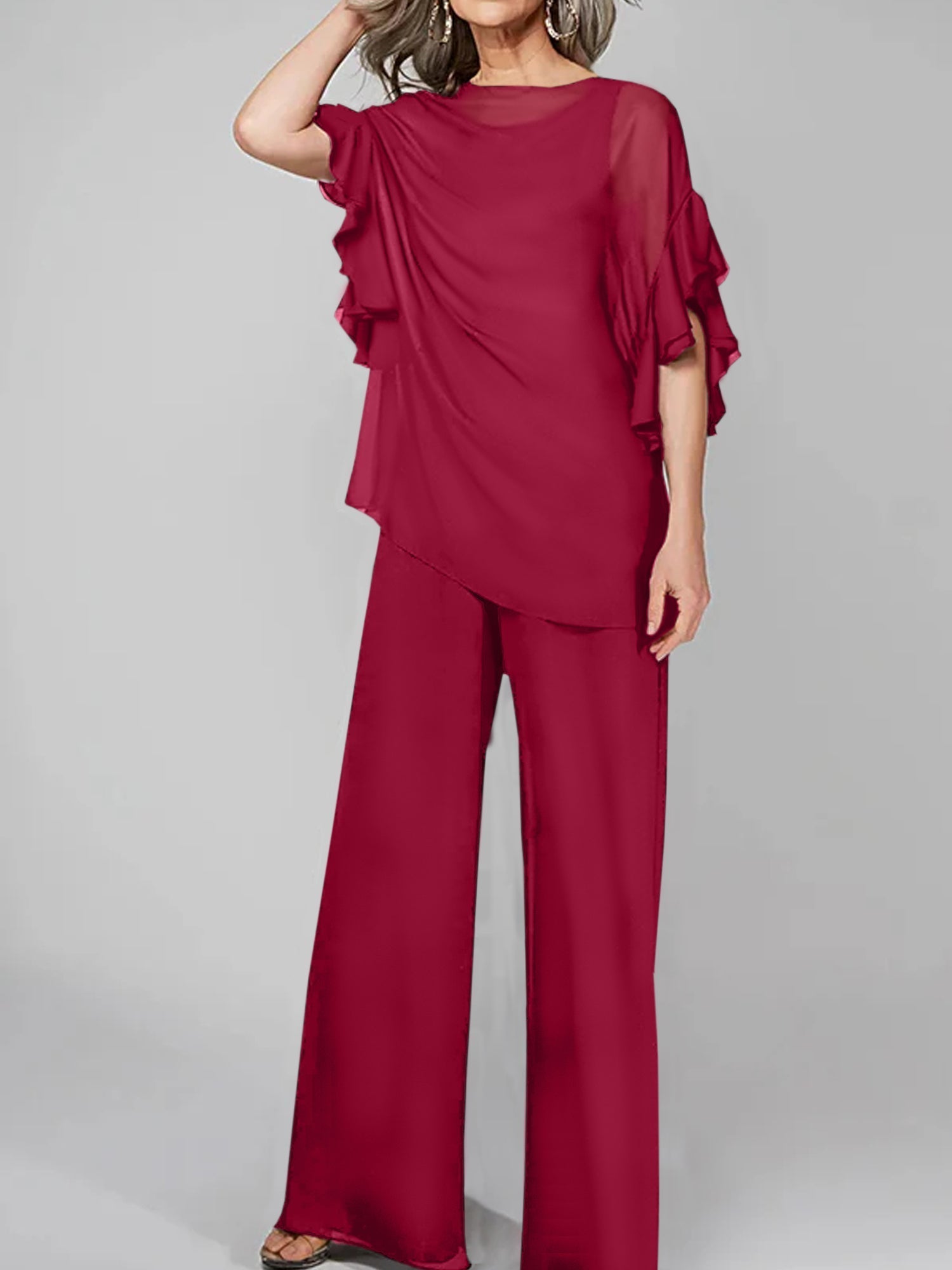 Tuta in chiffon con scollo rotondo e maniche a tre quarti, pantaloni per madre della sposa