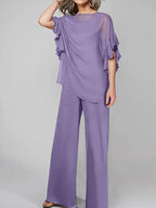 Tuta in chiffon con scollo rotondo e maniche a tre quarti, pantaloni per madre della sposa