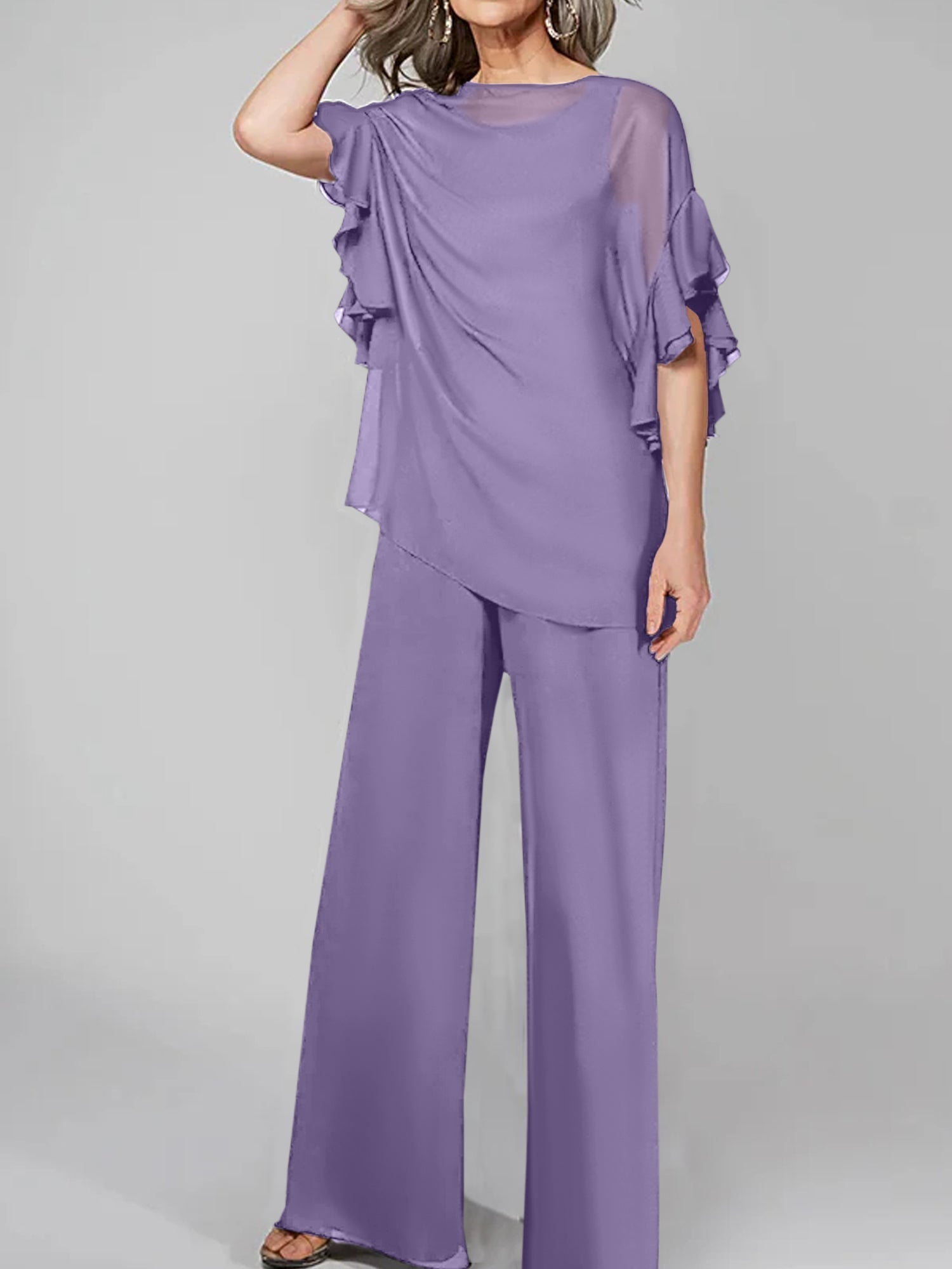 Tuta in chiffon con scollo rotondo e maniche a tre quarti, pantaloni per madre della sposa