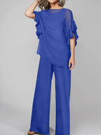 Tuta in chiffon con scollo rotondo e maniche a tre quarti, pantaloni per madre della sposa
