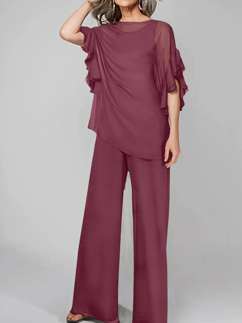 Tuta in chiffon con scollo rotondo e maniche a tre quarti, pantaloni per madre della sposa