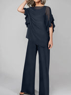 Tuta in chiffon con scollo rotondo e maniche a tre quarti, pantaloni per madre della sposa