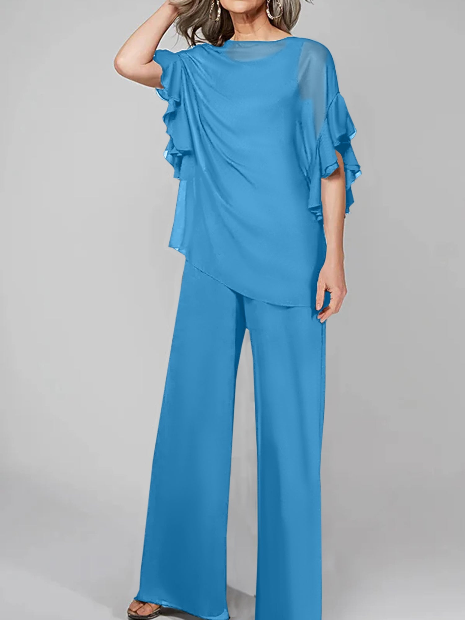 Tuta in chiffon con scollo rotondo e maniche a tre quarti, pantaloni per madre della sposa