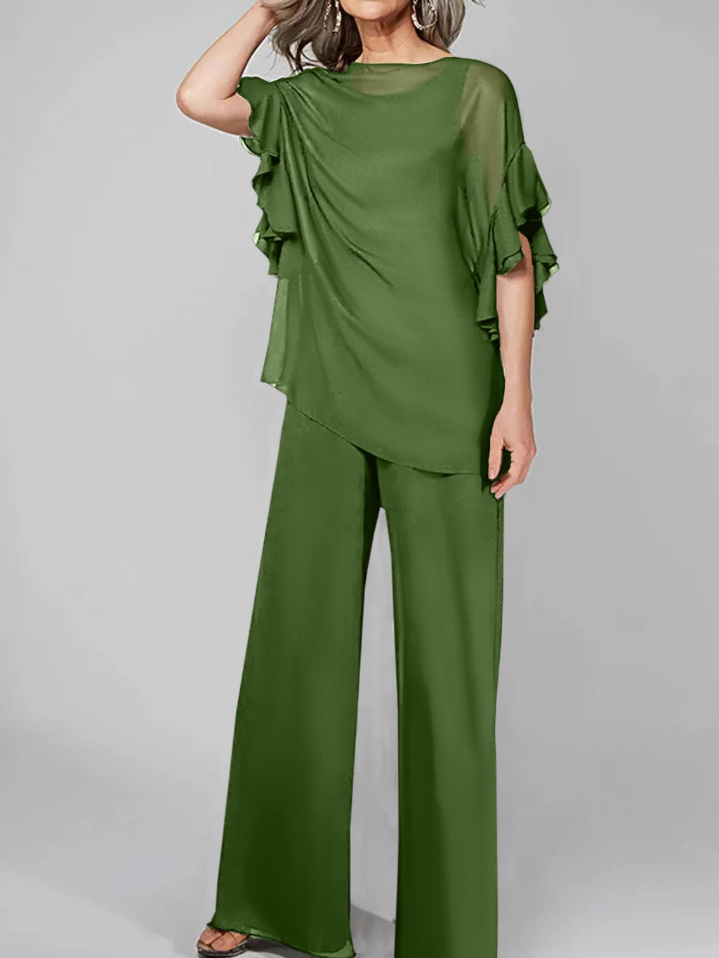 Tuta in chiffon con scollo rotondo e maniche a tre quarti, pantaloni per madre della sposa