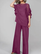 Tuta in chiffon con scollo rotondo e maniche a tre quarti, pantaloni per madre della sposa