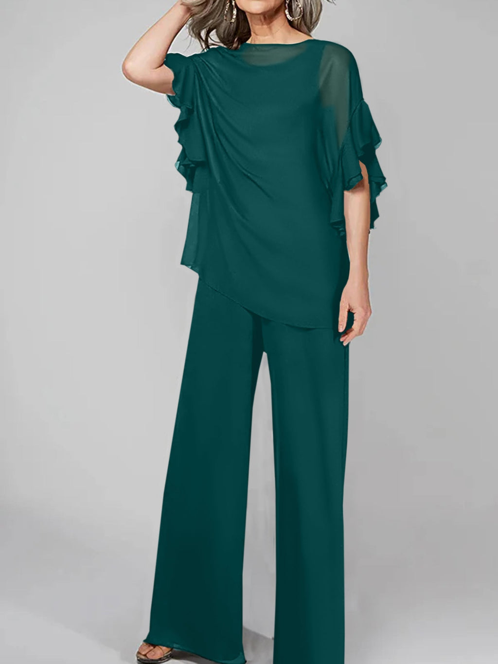 Tuta in chiffon con scollo rotondo e maniche a tre quarti, pantaloni per madre della sposa