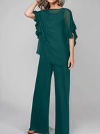 Tuta in chiffon con scollo rotondo e maniche a tre quarti, pantaloni per madre della sposa