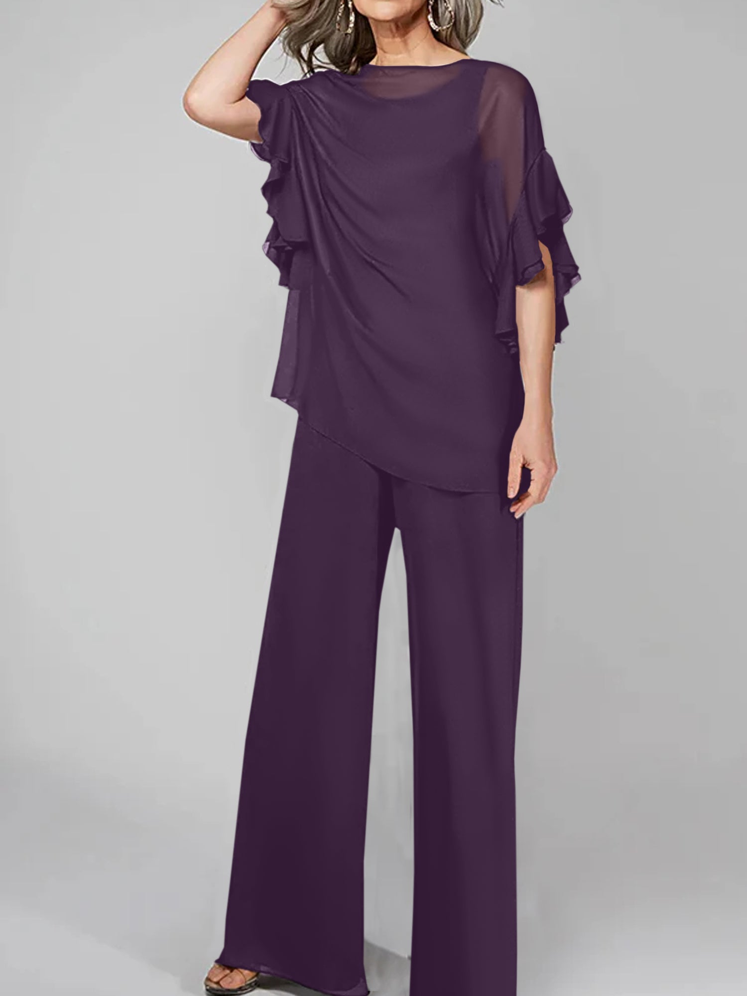 Tuta in chiffon con scollo rotondo e maniche a tre quarti, pantaloni per madre della sposa