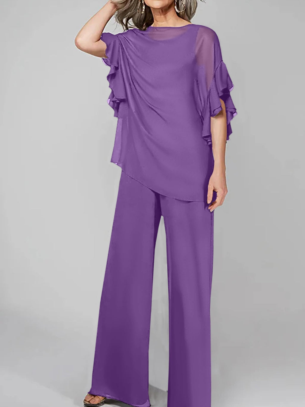 Tuta in chiffon con scollo rotondo e maniche a tre quarti, pantaloni per madre della sposa