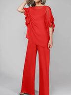 Tuta in chiffon con scollo rotondo e maniche a tre quarti, pantaloni per madre della sposa