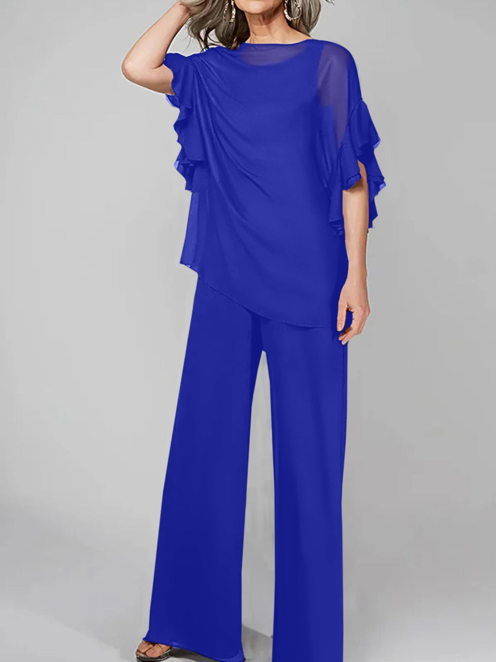 Tuta in chiffon con scollo rotondo e maniche a tre quarti, pantaloni per madre della sposa