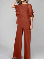 Tuta in chiffon con scollo rotondo e maniche a tre quarti, pantaloni per madre della sposa