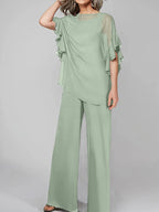 Tuta in chiffon con scollo rotondo e maniche a tre quarti, pantaloni per madre della sposa