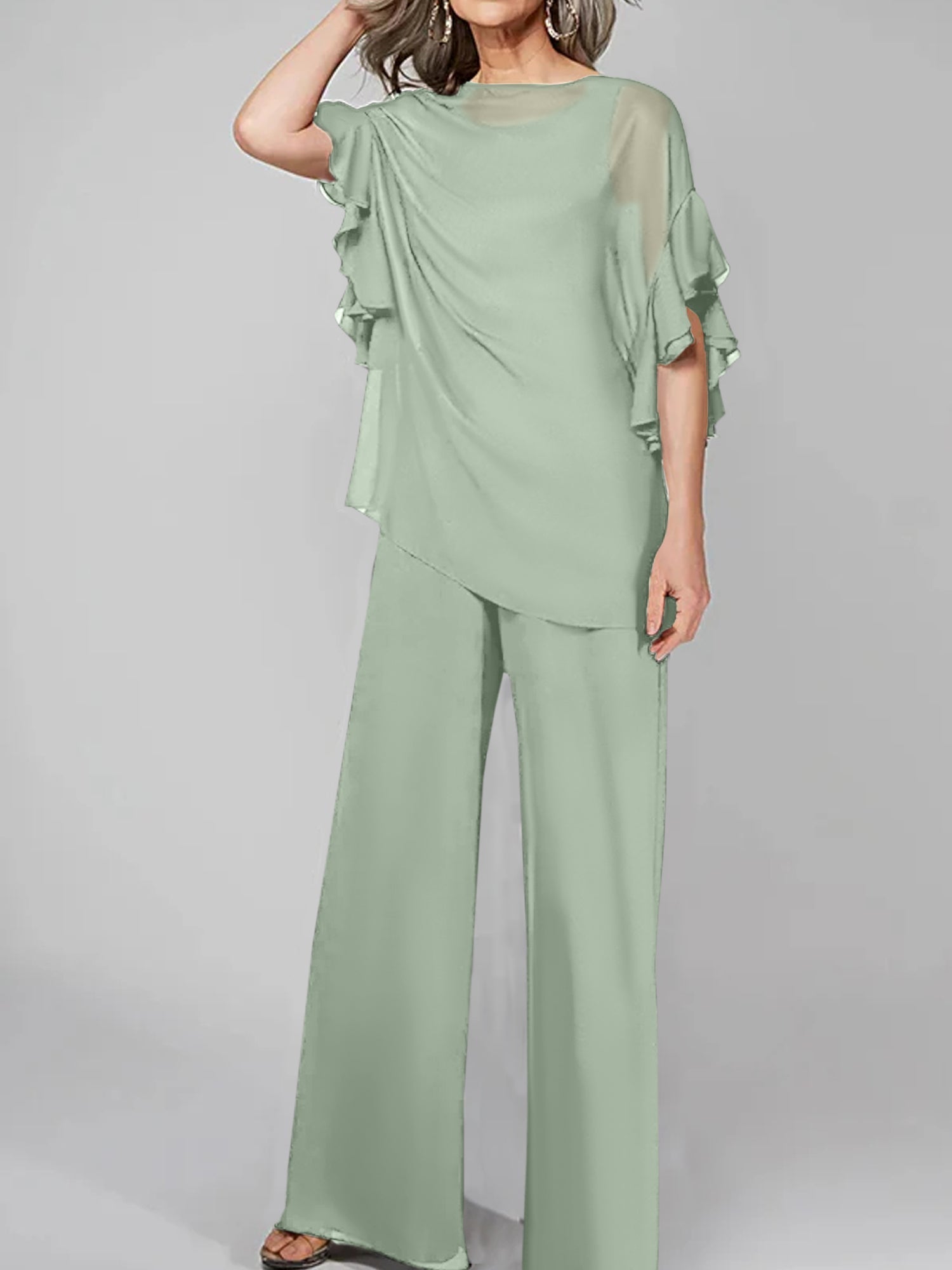Tuta in chiffon con scollo rotondo e maniche a tre quarti, pantaloni per madre della sposa