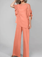 Tuta in chiffon con scollo rotondo e maniche a tre quarti, pantaloni per madre della sposa