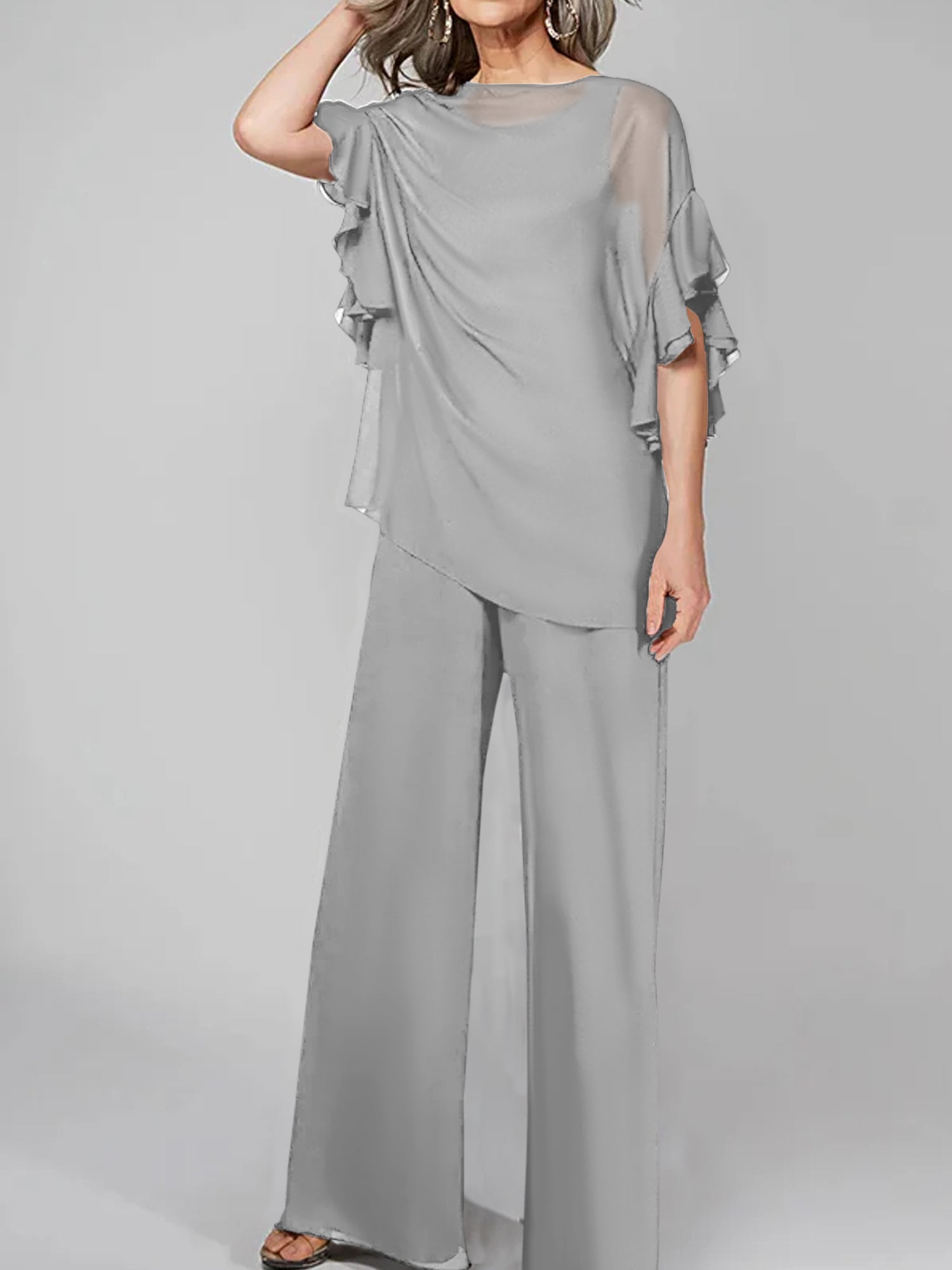 Tuta in chiffon con scollo rotondo e maniche a tre quarti, pantaloni per madre della sposa