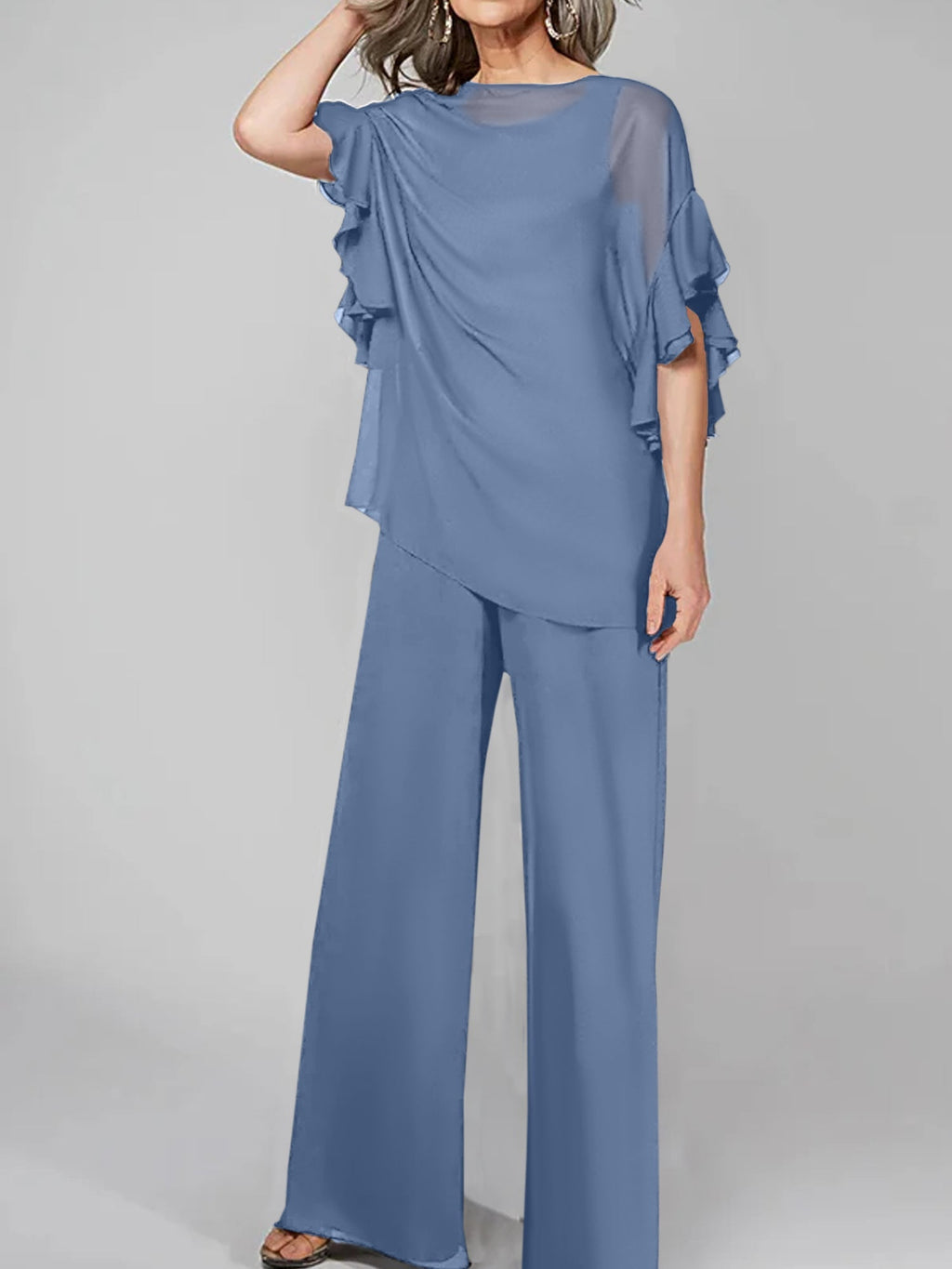 Tuta in chiffon con scollo rotondo e maniche a tre quarti, pantaloni per madre della sposa