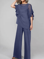 Tuta in chiffon con scollo rotondo e maniche a tre quarti, pantaloni per madre della sposa
