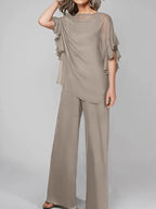Tuta in chiffon con scollo rotondo e maniche a tre quarti, pantaloni per madre della sposa