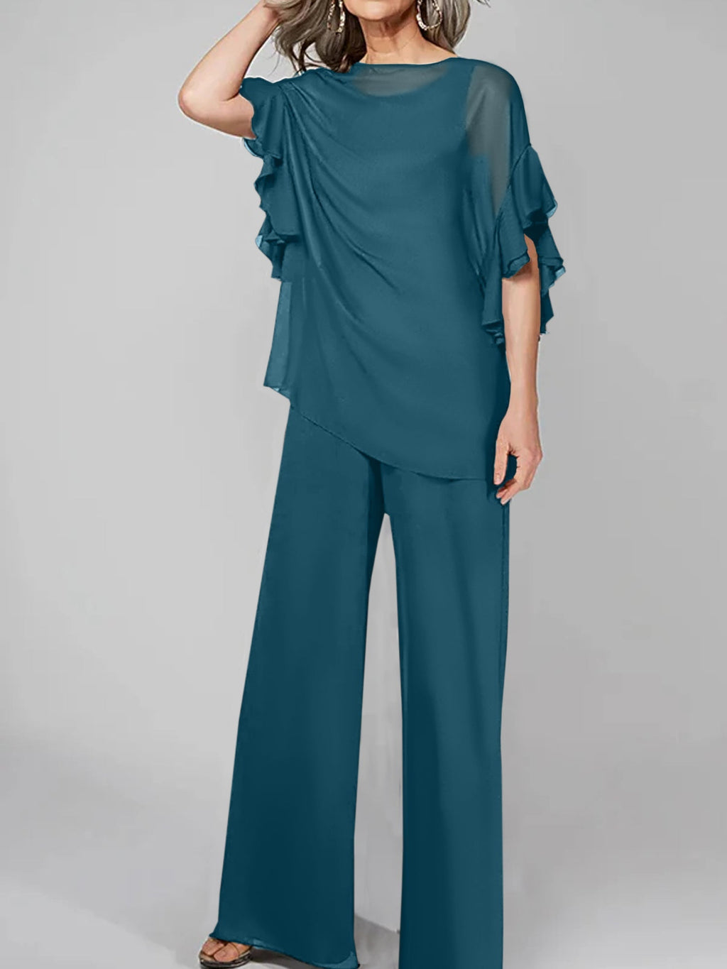 Tuta in chiffon con scollo rotondo e maniche a tre quarti, pantaloni per madre della sposa