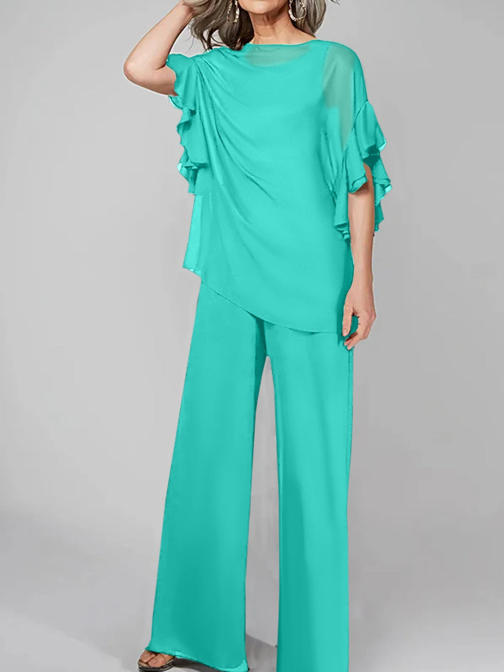 Tuta in chiffon con scollo rotondo e maniche a tre quarti, pantaloni per madre della sposa