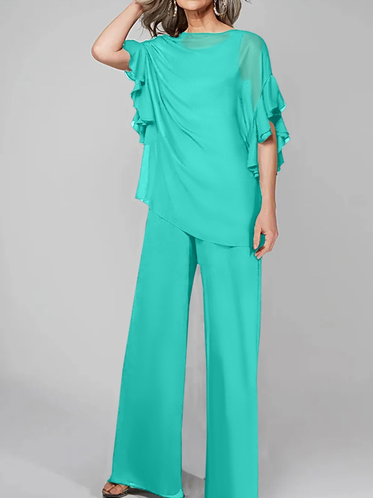 Tuta in chiffon con scollo rotondo e maniche a tre quarti, pantaloni per madre della sposa