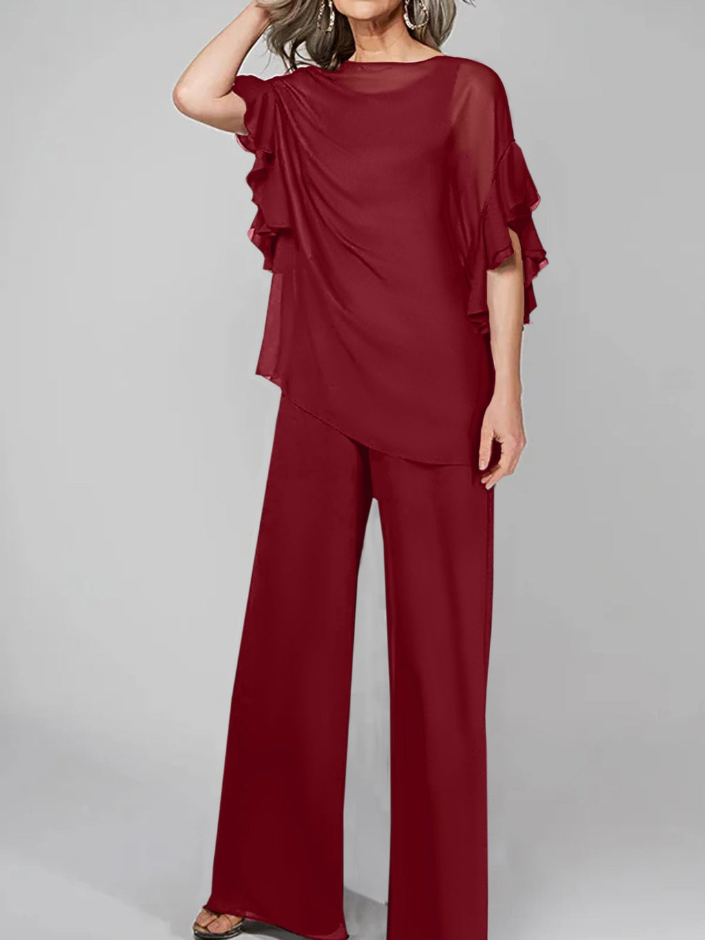Tuta in chiffon con scollo rotondo e maniche a tre quarti, pantaloni per madre della sposa