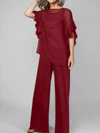 Tuta in chiffon con scollo rotondo e maniche a tre quarti, pantaloni per madre della sposa