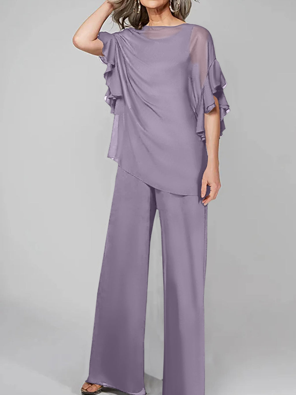Tuta in chiffon con scollo rotondo e maniche a tre quarti, pantaloni per madre della sposa