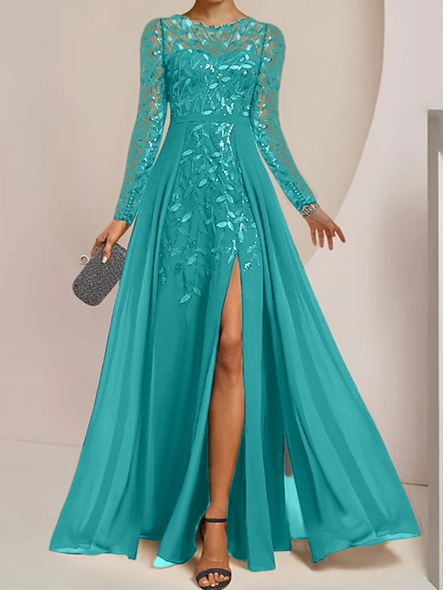 A-Linien/Prinzessinnen-Bodenlanges Kleid für die Mutter der Braut mit Ausschnitt, seitlichem Schlitz, Rüschen und Pailletten