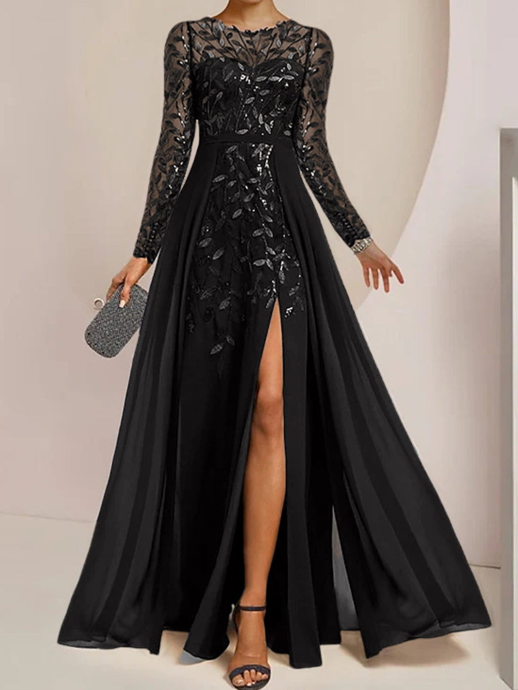 Vestidos de madre de la novia en línea A/princesa con escote redondo, largo hasta el suelo, abertura lateral, volantes y lentejuelas
