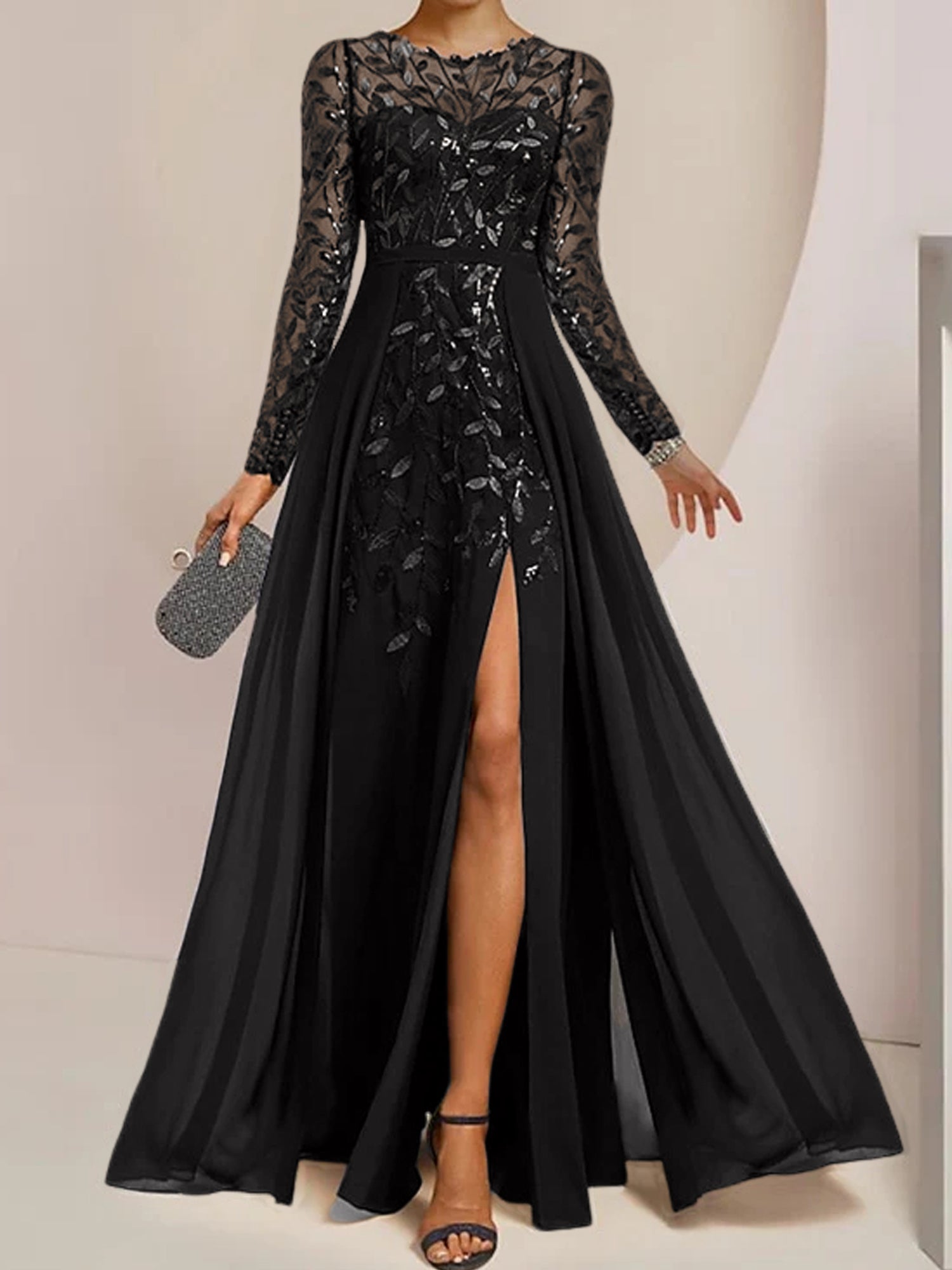A-Linien/Prinzessinnen-Bodenlanges Kleid für die Mutter der Braut mit Ausschnitt, seitlichem Schlitz, Rüschen und Pailletten