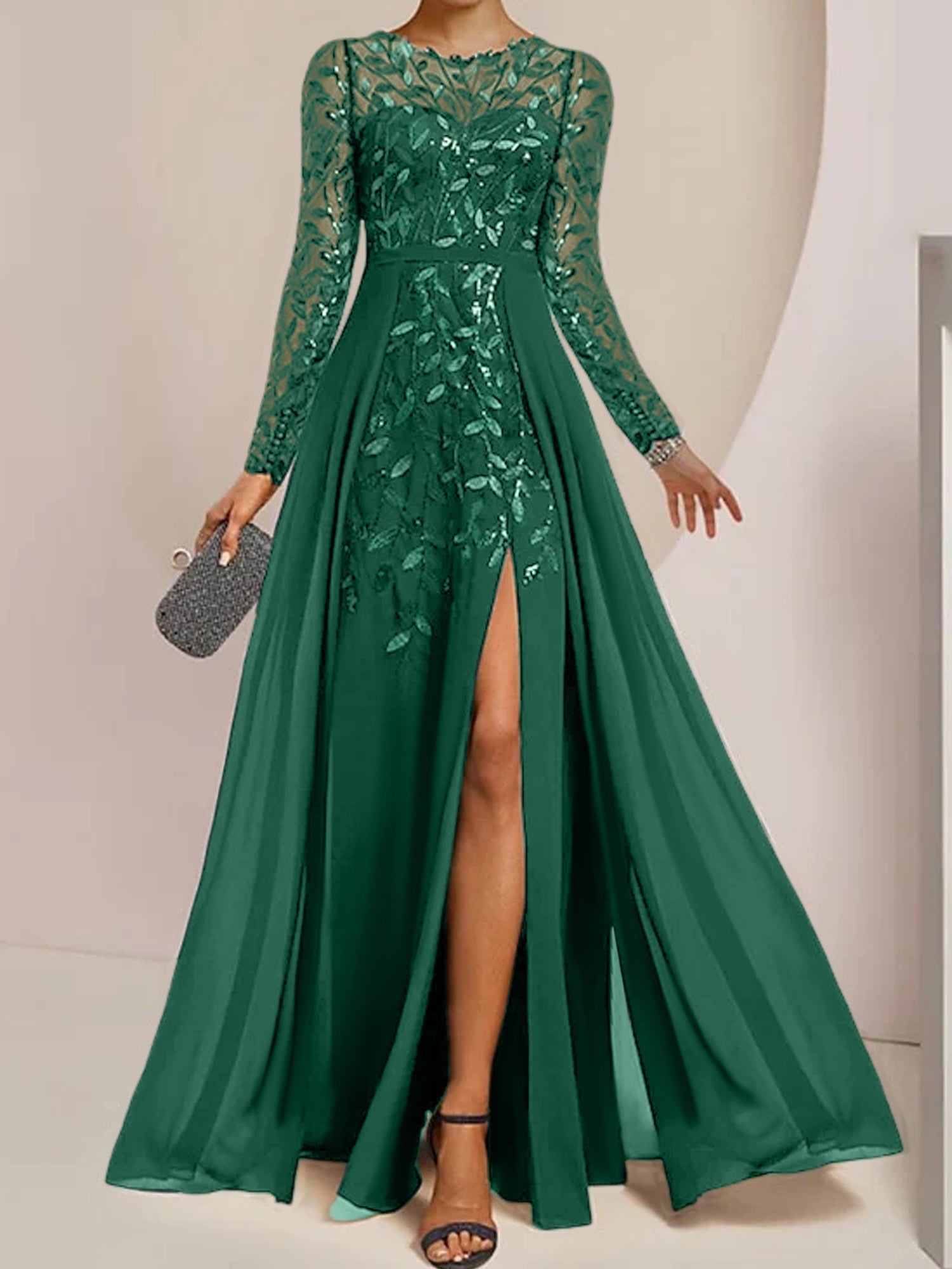 Vestidos de madre de la novia en línea A/princesa con escote redondo, largo hasta el suelo, abertura lateral, volantes y lentejuelas