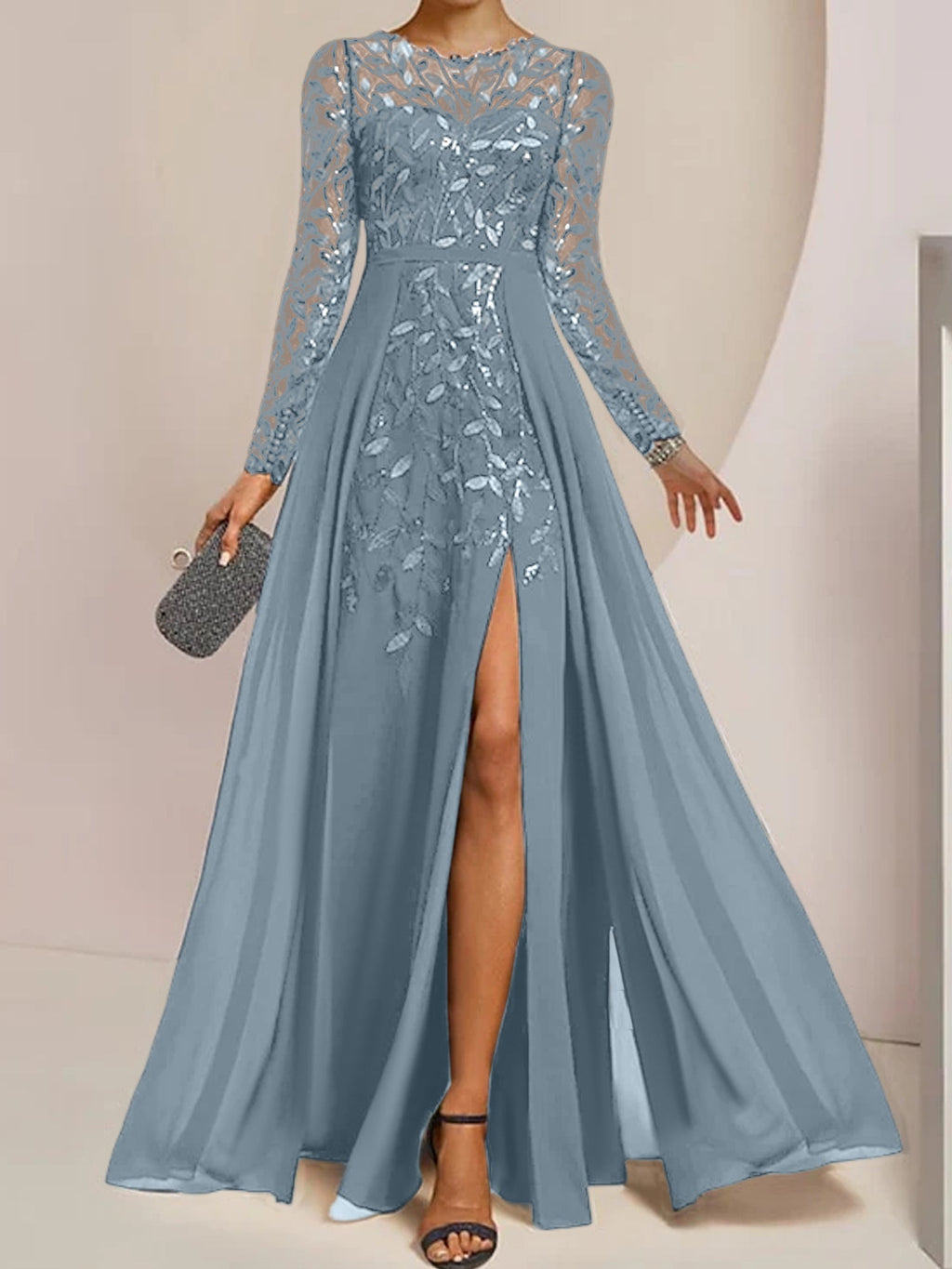 Vestidos de madre de la novia en línea A/princesa con escote redondo, largo hasta el suelo, abertura lateral, volantes y lentejuelas
