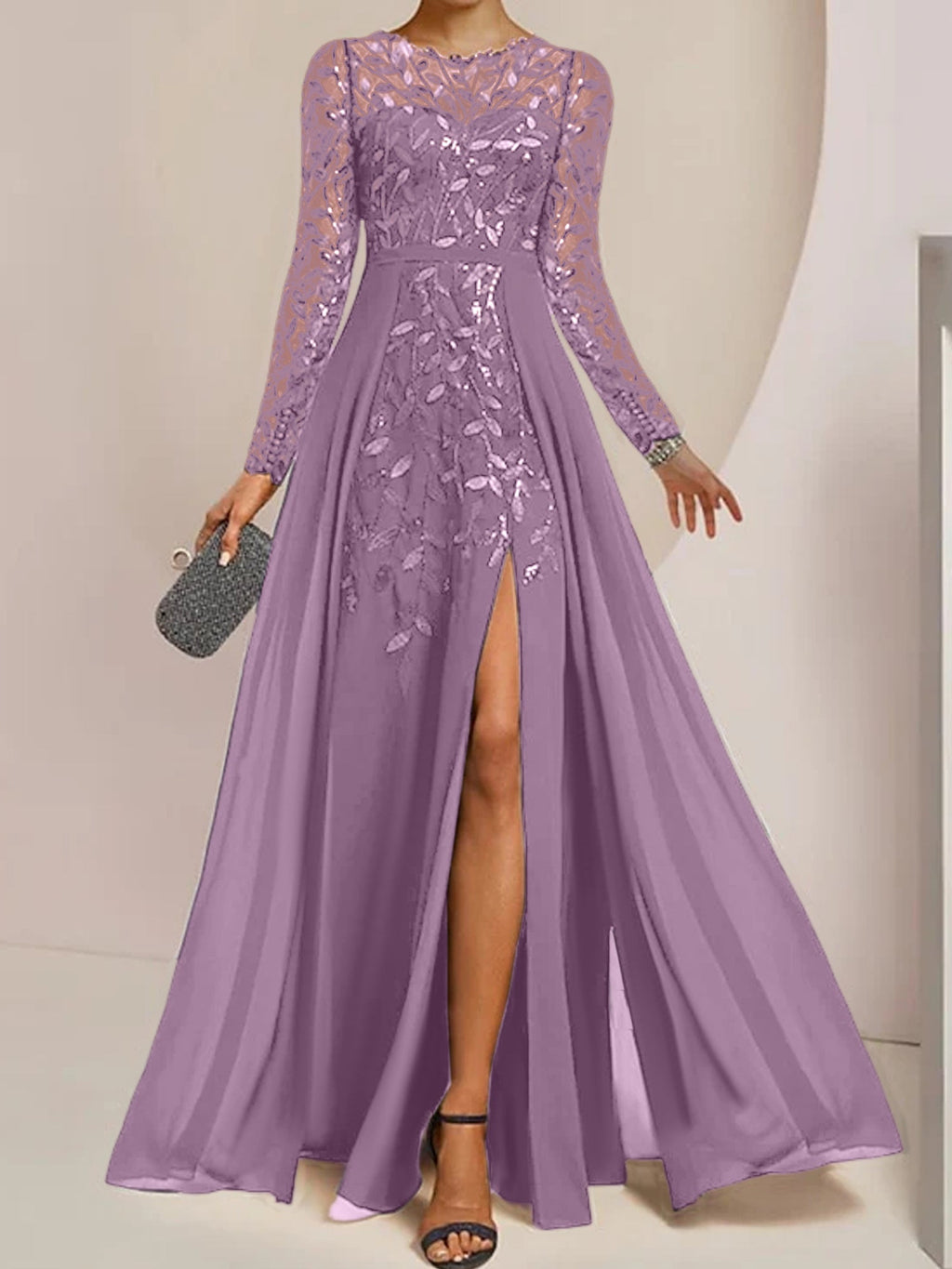 Vestidos de madre de la novia en línea A/princesa con escote redondo, largo hasta el suelo, abertura lateral, volantes y lentejuelas