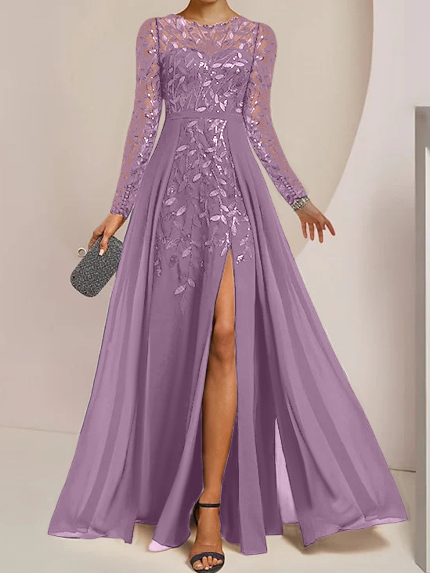 Vestidos de madre de la novia en línea A/princesa con escote redondo, largo hasta el suelo, abertura lateral, volantes y lentejuelas