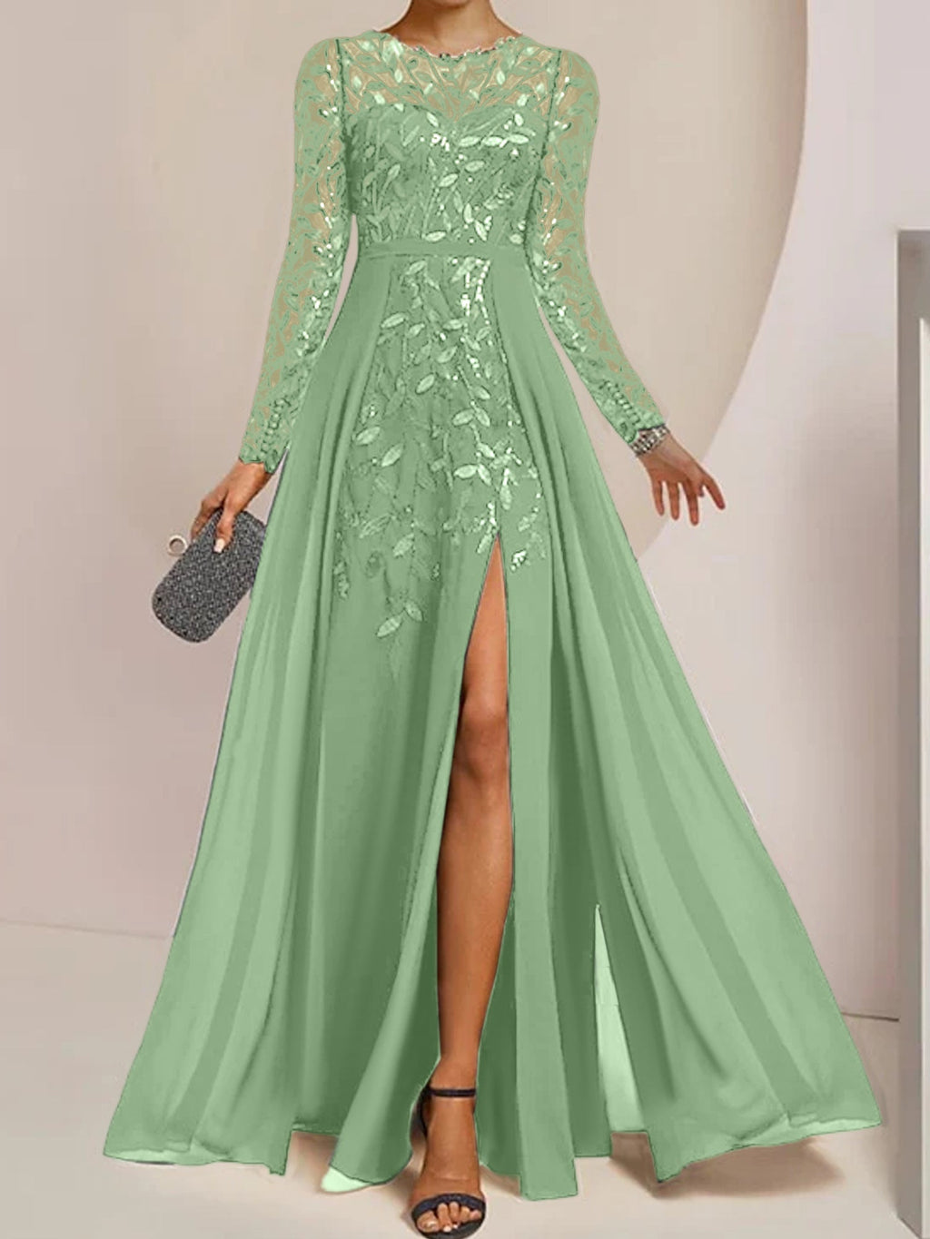 Vestidos de madre de la novia en línea A/princesa con escote redondo, largo hasta el suelo, abertura lateral, volantes y lentejuelas