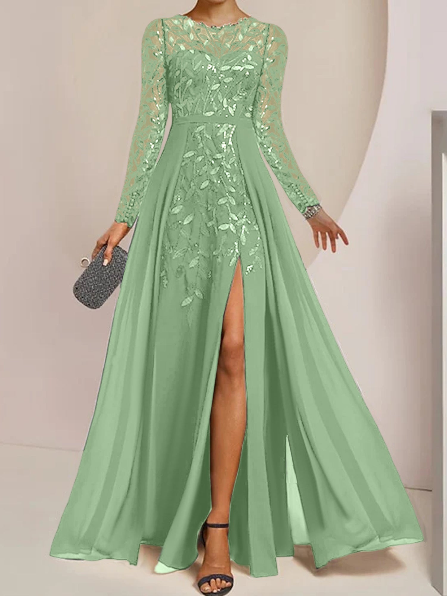 Vestidos de madre de la novia en línea A/princesa con escote redondo, largo hasta el suelo, abertura lateral, volantes y lentejuelas