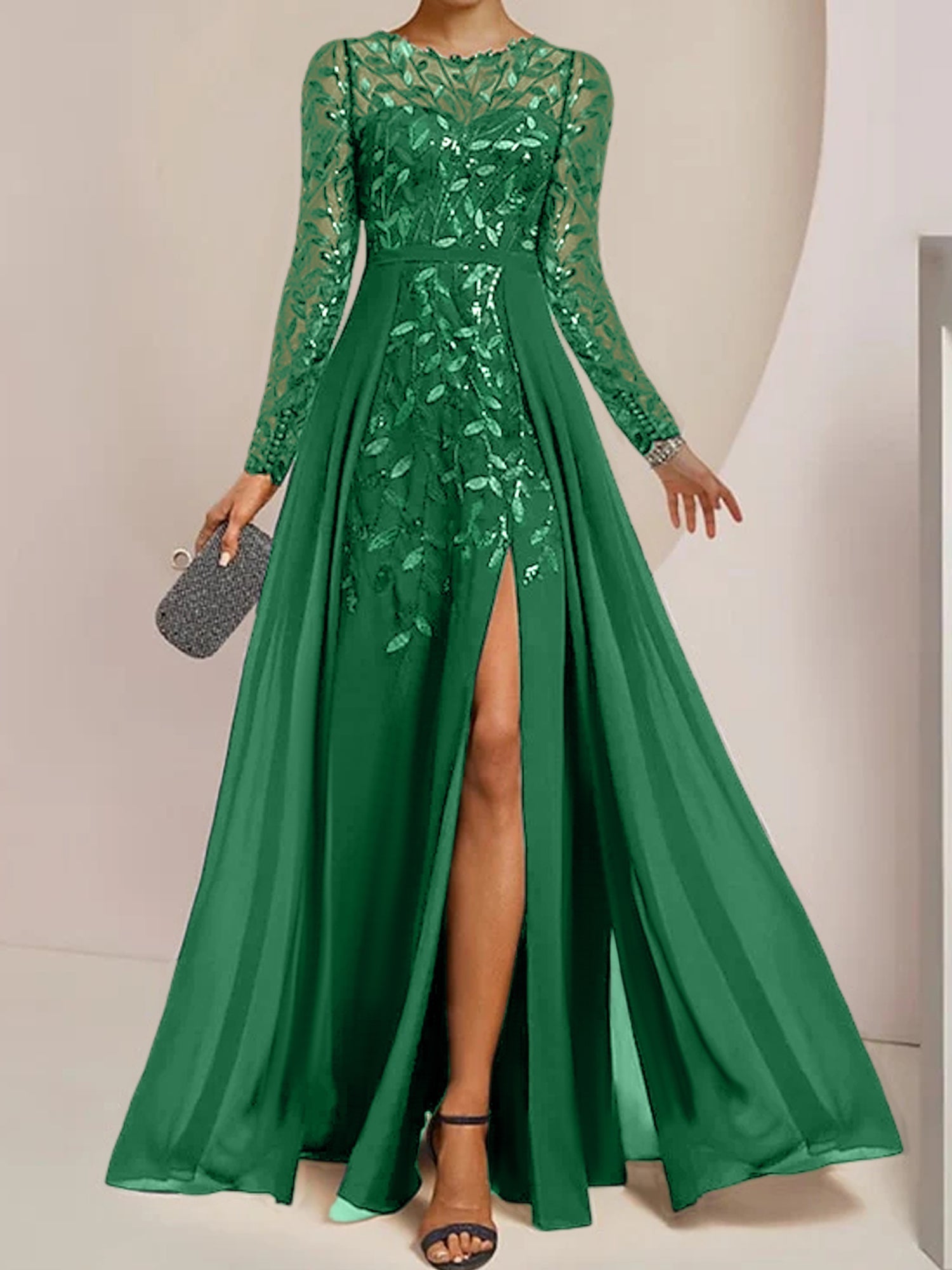 Vestidos de madre de la novia en línea A/princesa con escote redondo, largo hasta el suelo, abertura lateral, volantes y lentejuelas