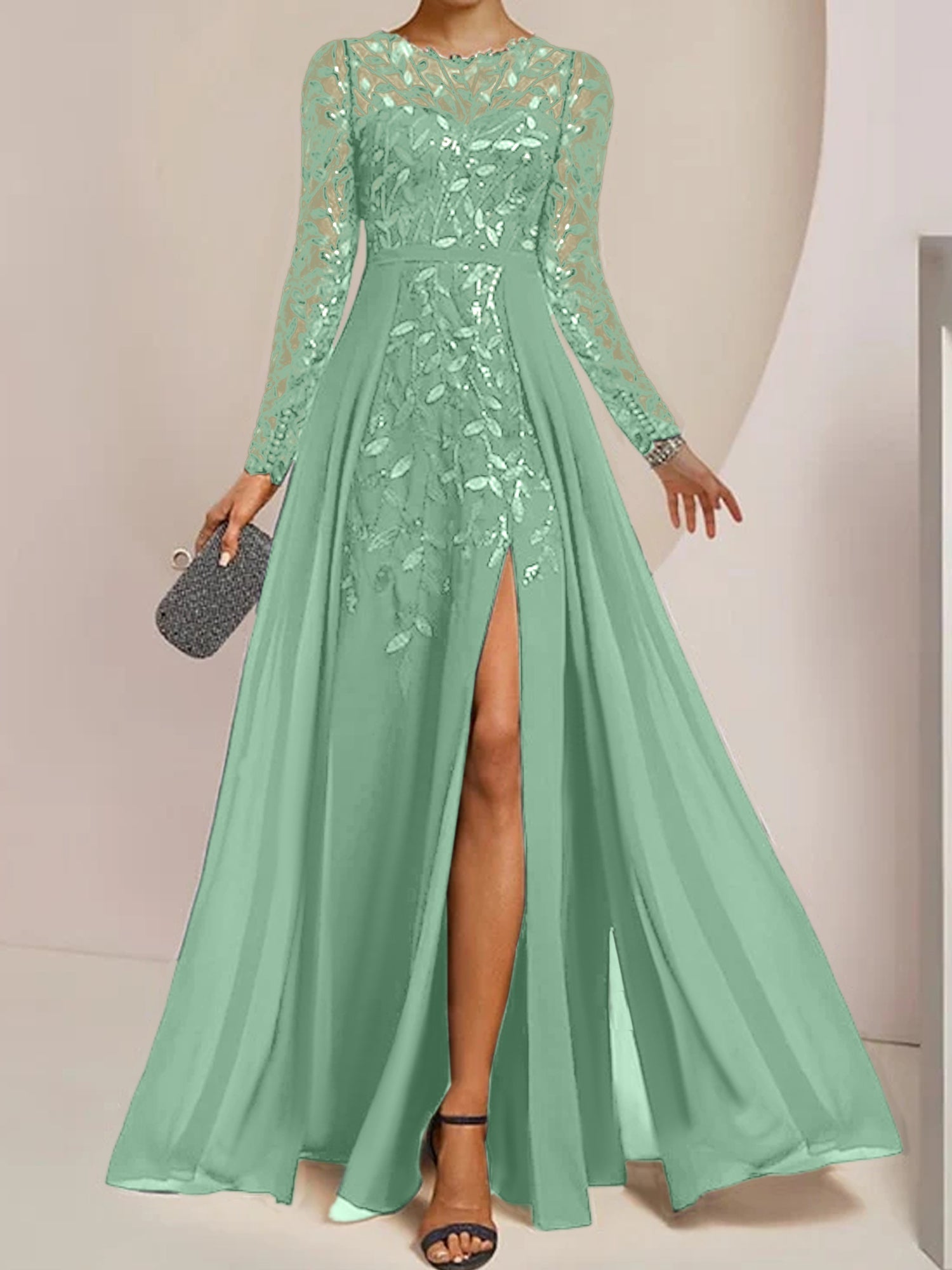 A-Linien/Prinzessinnen-Bodenlanges Kleid für die Mutter der Braut mit Ausschnitt, seitlichem Schlitz, Rüschen und Pailletten