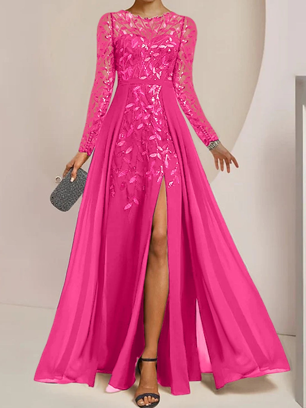 Vestidos de madre de la novia en línea A/princesa con escote redondo, largo hasta el suelo, abertura lateral, volantes y lentejuelas