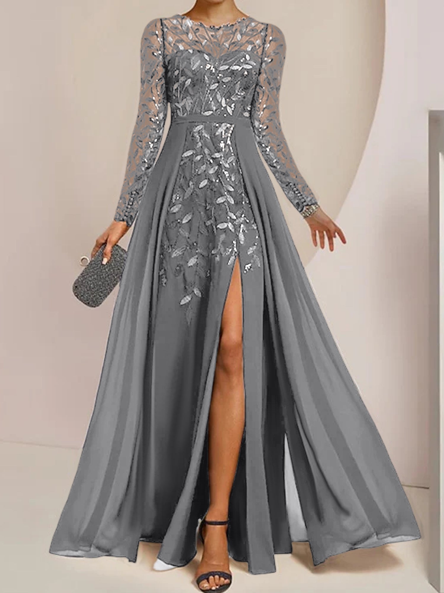 A-Linien/Prinzessinnen-Bodenlanges Kleid für die Mutter der Braut mit Ausschnitt, seitlichem Schlitz, Rüschen und Pailletten