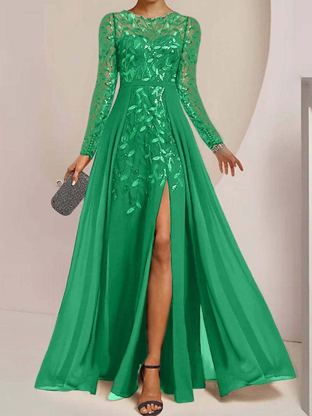 Vestidos de madre de la novia en línea A/princesa con escote redondo, largo hasta el suelo, abertura lateral, volantes y lentejuelas