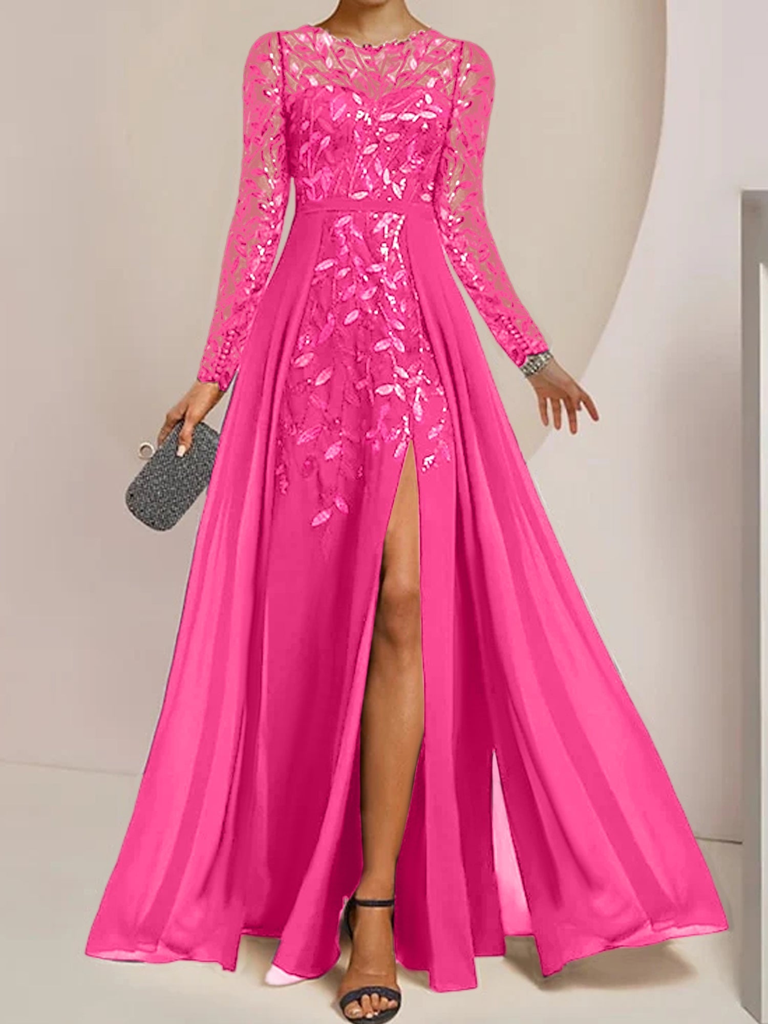 Vestidos de madre de la novia en línea A/princesa con escote redondo, largo hasta el suelo, abertura lateral, volantes y lentejuelas